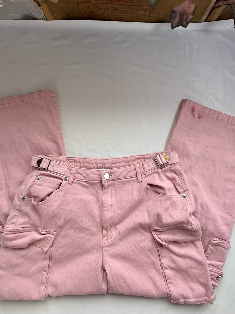 Y2K Pink Wide Leg Cargo Pants Metal Buckle Utility L